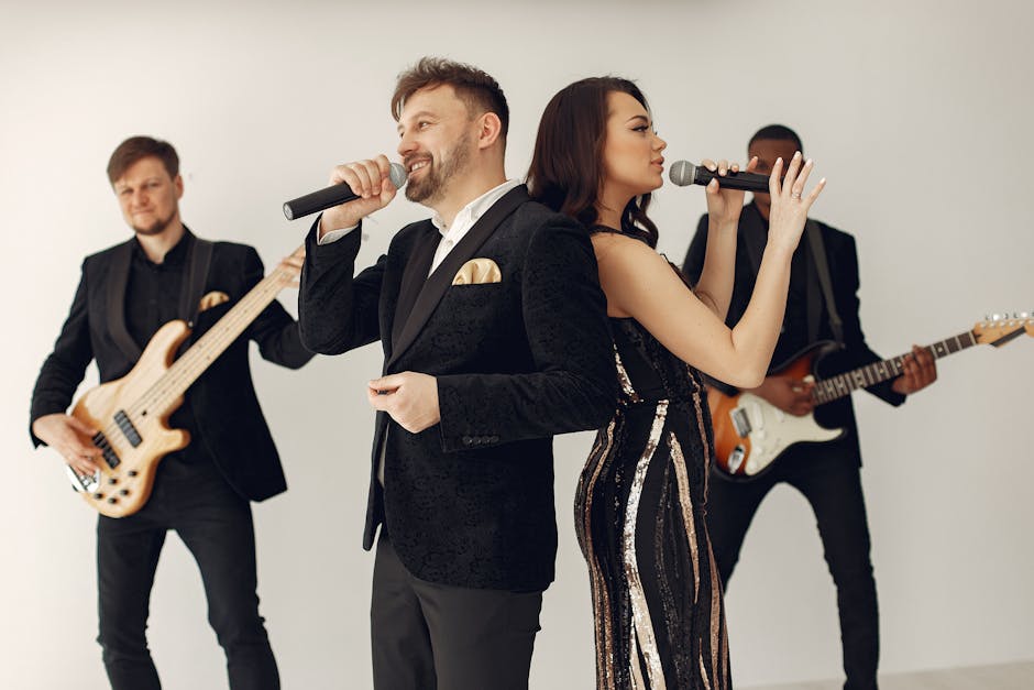 A stylish band performing on stage with singers and musicians captured in dynamic poses.